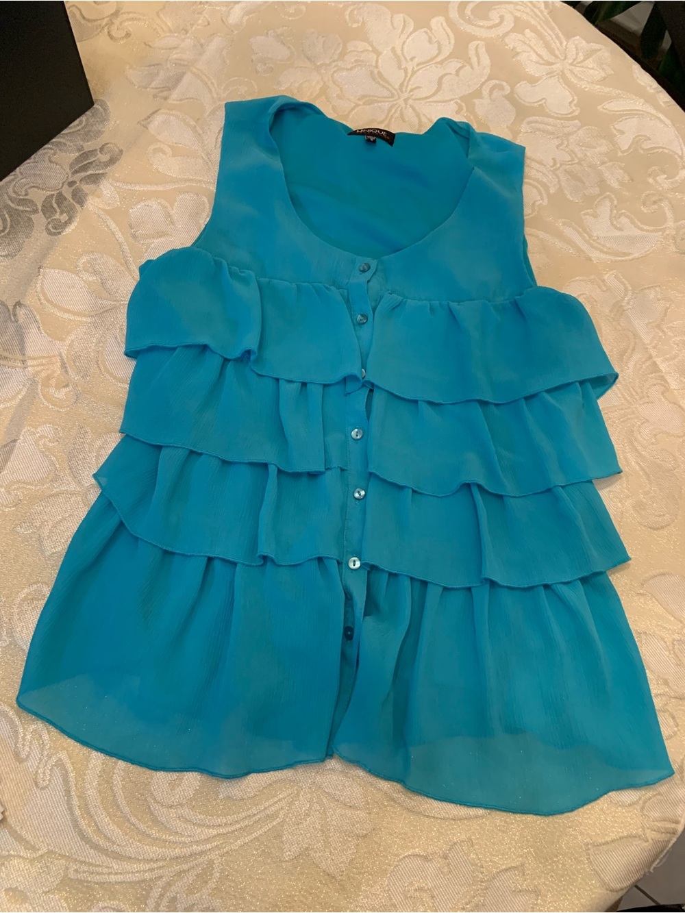 Unique Spectrum Teal Tiered Ruffle Button-Front Camisole